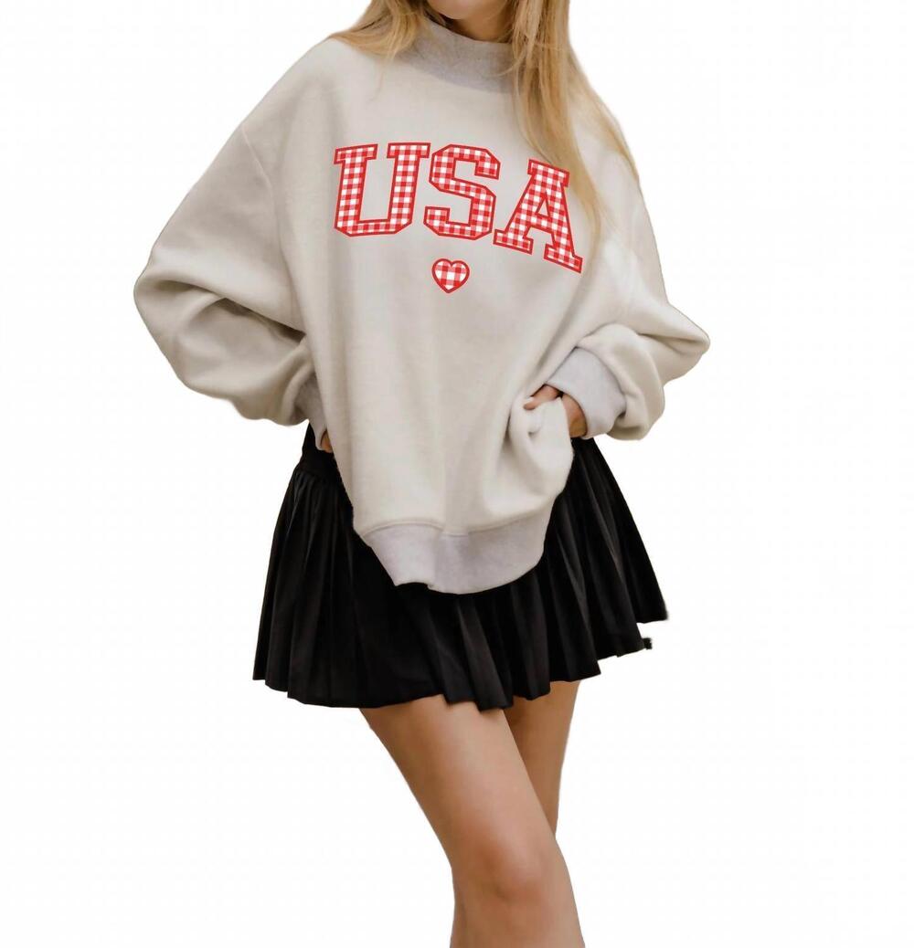 NEW LIVYLU america usa gingham heart reversible mock neck sweatshirt in pattern